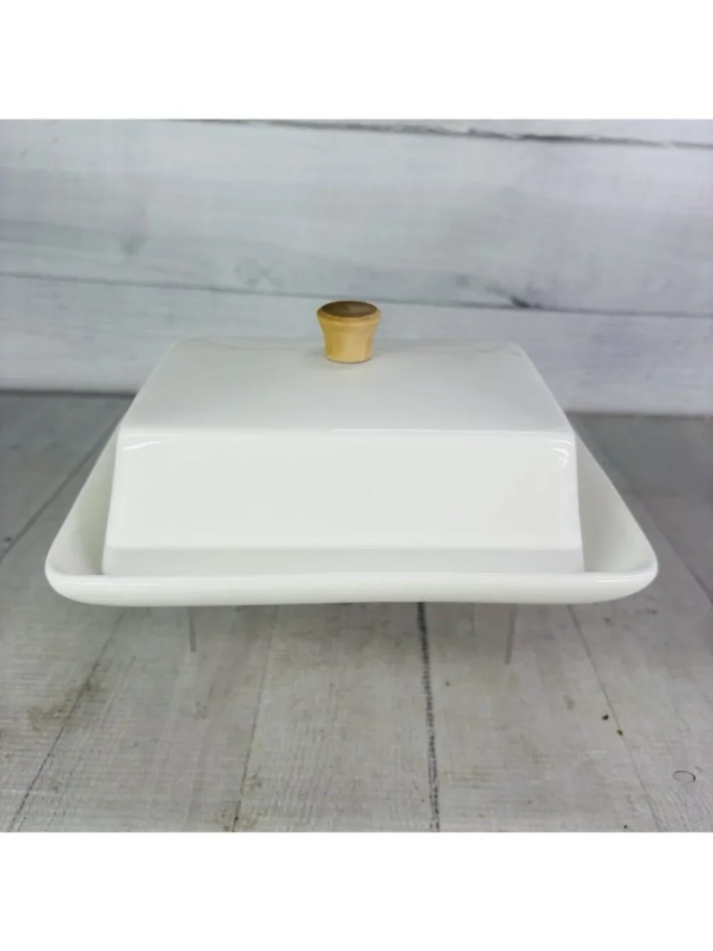 Dowan White Bone China Farmhouse Wooden Handle 2 Stick Lidded Butter Cheese Dish